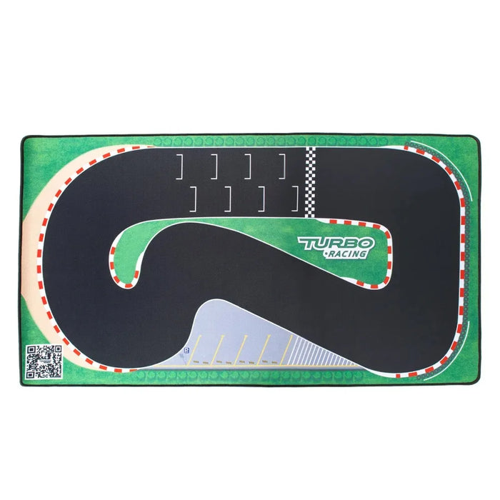 The Lacatang Shop's Large Portable Turbo Racing Rubber Mat features a winding black track with red and white stripes, green grass borders, "Turbo Racing" text, and a QR code. Ideal for 1:76 RC Mini Cars enthusiasts. Available in 160x90cm & 180x80cm sizes.