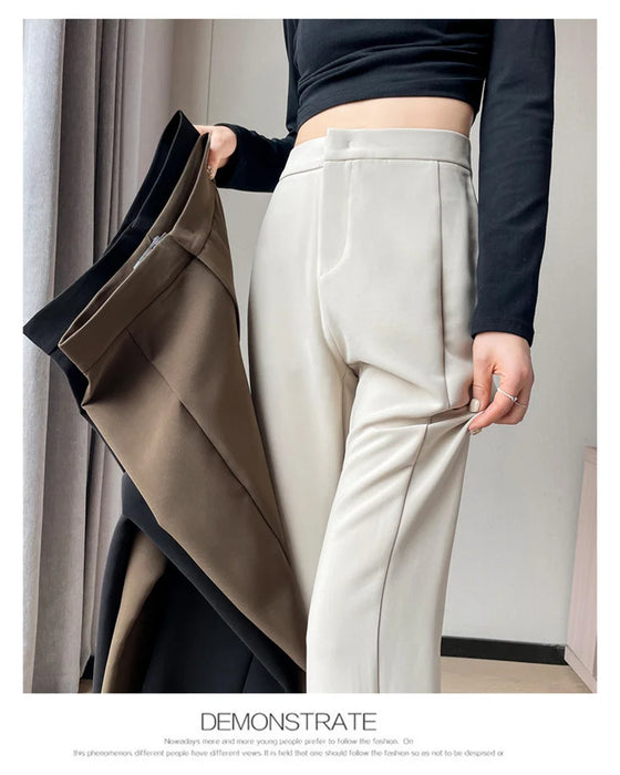 Jielur Coffee Skinny Basic Suit Women Wide Leg Pants Autumn Straight Casual Apricot Trousers Solid Color Split Office Lady Pants