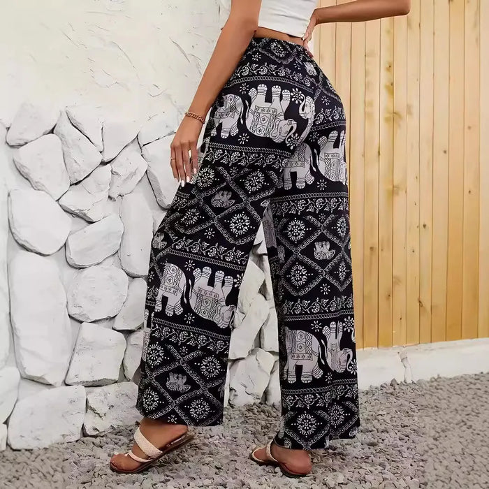 Fashion Women Wide Leg Pants High Waist Thailand Elephant Print Pant Summer Thin Straight Trousers Casual Bottom Female Clothing