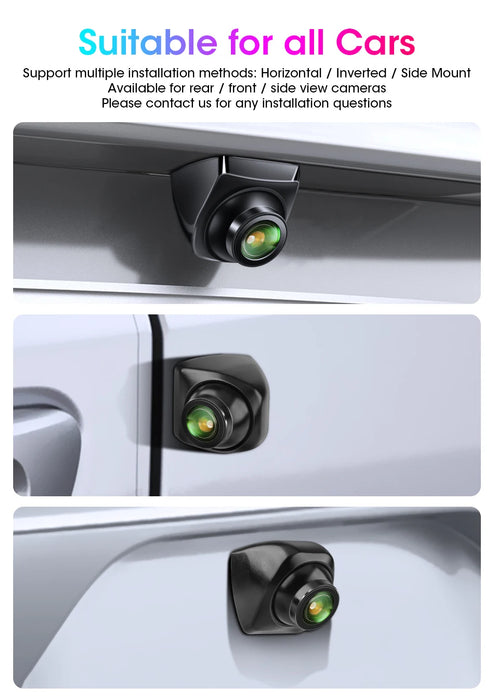 The image showcases three car camera installations: a top horizontal mount, middle side mount, and bottom inverted installation of the Develuck HD 1080P Car Rear View Camera. The text highlights installation versatility, waterproof features, and provides Lacatang Shop's contact info for assistance.