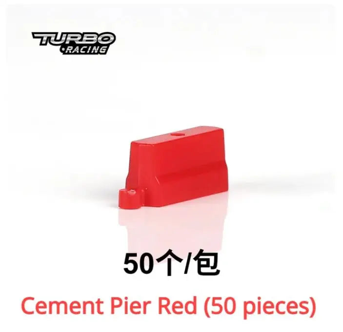 Image of a cement pier model piece in red with the "TURBO RACING" logo on the top left. Chinese text "50个/包" and "Cement Pier Red (50 pieces)" are below. Ideal for customizing your Lacatang Shop's Turbo Racing 1:76 RC car track layout and enhancing racing experiences.