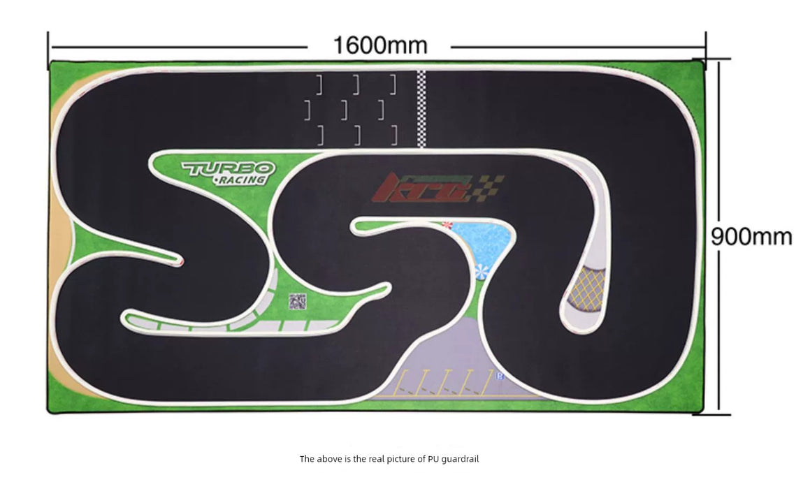 An overhead shot of the Lacatang Shop's Turbo Remote Control Drift Car Track for All Ages, measuring 1600mm by 900mm. The "Turbo Racing" mat features twists, turns, and a checkered finish line with green and gray perimeter details, perfect for drift sessions.