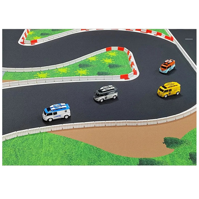 The LDARC Mini RC Car Racing Track Mat by Lacatang Shop, available in 160x90cm and 120x60cm sizes, features winding curves with white and red barriers, grass-like textures, and dirt patches. It's perfect for racing blue, black, yellow, and orange mini vehicles in scales of 1/76 to 1/58.