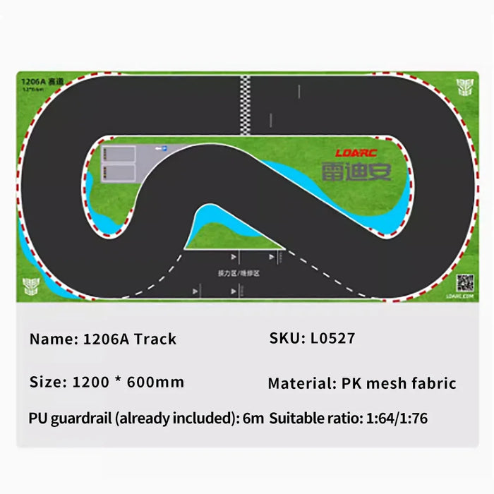 The Lacatang Shop's LDARC Mini RC Car Racing Track Mat is shown in a compact 1200x600mm layout, featuring a black track with safety rails on a green and blue background. Made from robust PK mesh fabric and PU guardrail, it's ideal for 1/64 scale vehicles (SKU: L0527).