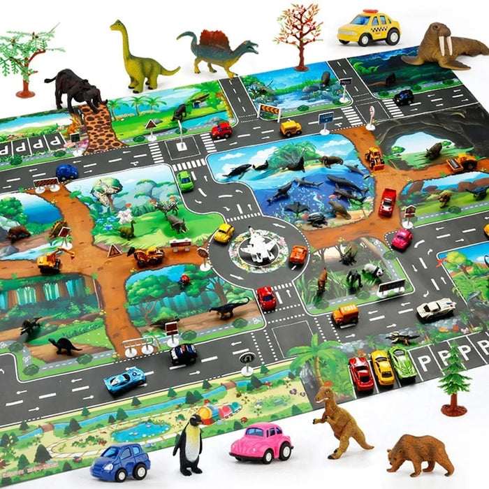 Kids Waterproof Playmat - Portable Dinosaur and Farm Road Activity Carpet for Toddlers, Non-Toxic Educational Crawling Mat