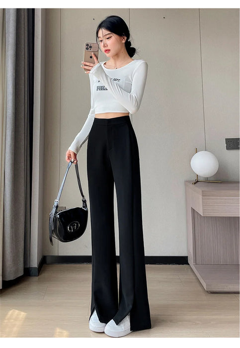 Jielur Coffee Skinny Basic Suit Women Wide Leg Pants Autumn Straight Casual Apricot Trousers Solid Color Split Office Lady Pants