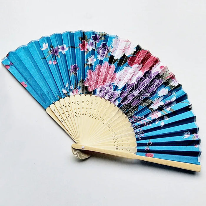 Elegant Floral Print Foldable Hand Fan with Bamboo Ribs for Weddings, Parties, and Dance Performances