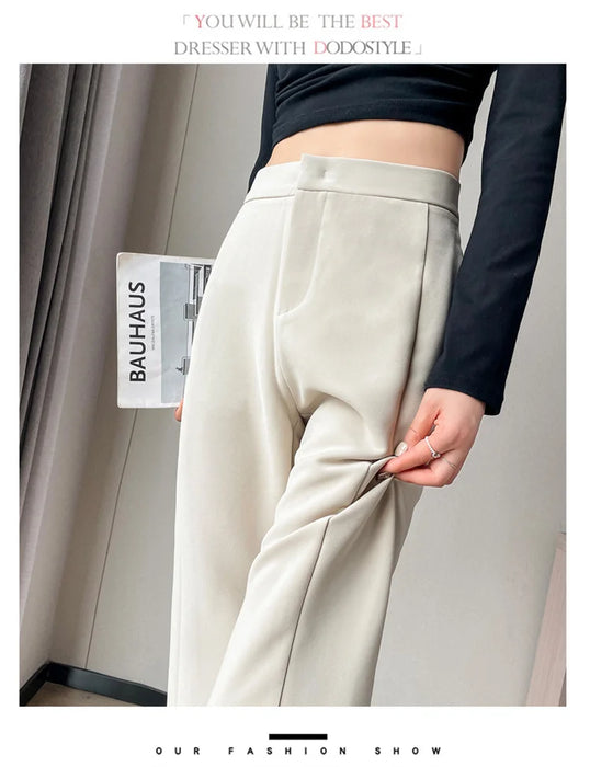 Jielur Coffee Skinny Basic Suit Women Wide Leg Pants Autumn Straight Casual Apricot Trousers Solid Color Split Office Lady Pants