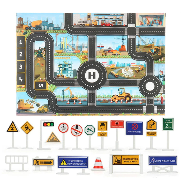 The City Traffic Play Mat for Babies by Lacatang Shop offers an educational road map carpet with various road and construction scenes. It includes miniature traffic signs like stop, construction, and hazard cones, ideal for exploring road safety concepts.