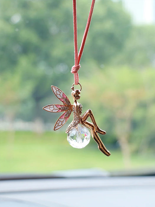 Fairy-Themed Pink Crystal Ball Rearview Mirror Pendant for Car Interior Decoration