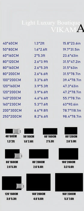 Chart of rectangular frame sizes, with dimensions in CM and feet: 40x60CM (1.3x2ft), 100x150CM (3.3x4.9ft), and 250x200CM (8.2x6.5ft), illustrated with vibrant colors like those on the Lacatang Shop's VIKAMA Kids' Cartoon Traffic Play Mat for indoor fun.