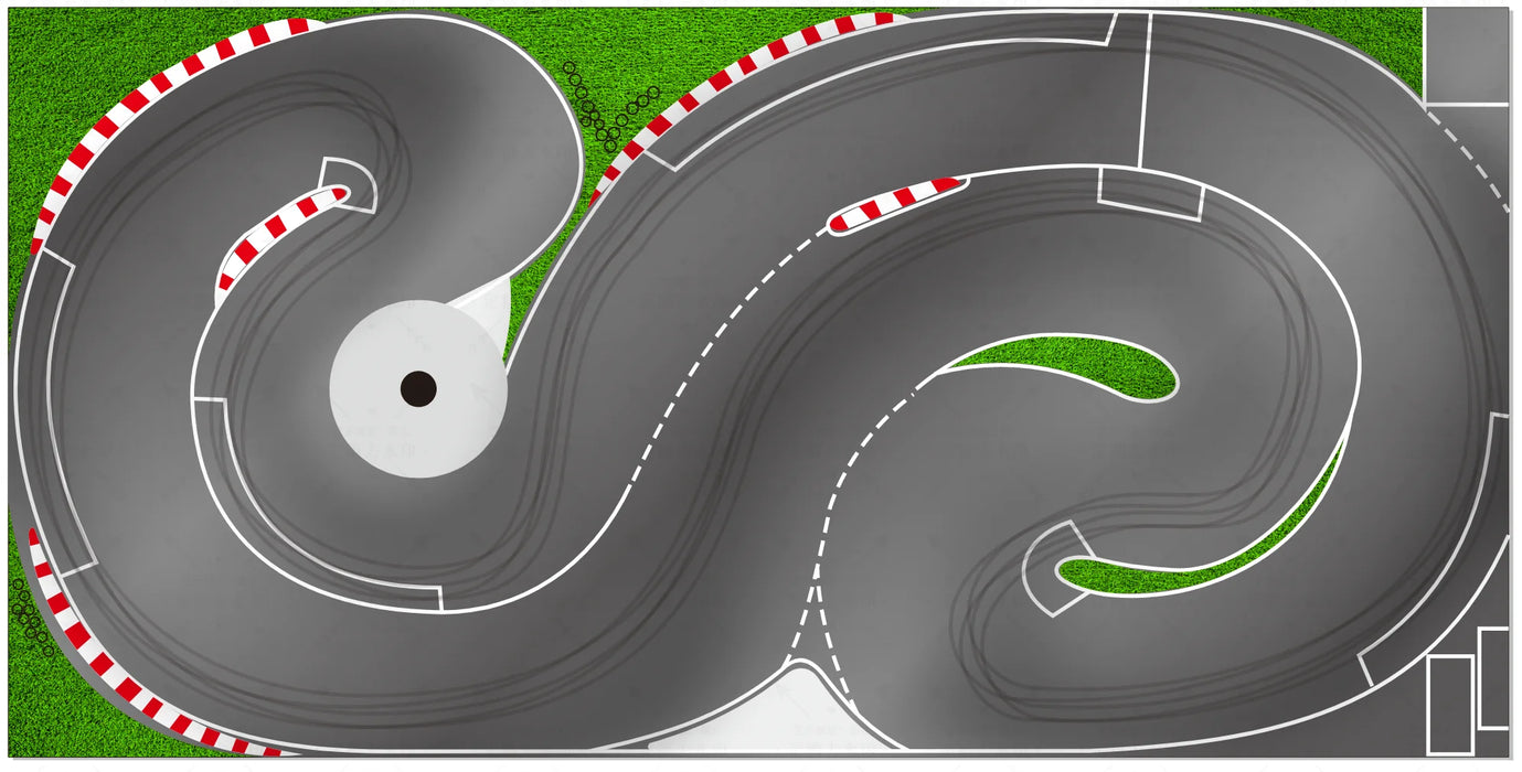 The Lacatang Shop's 3.2m Drift Racing Track offers an aerial view with multiple twisty turns, surrounded by green grass and red-white curbs on several corners. This track is ideal for RC Mini-Z, Mini-Q, and Wltoys K989 K969 racers and features a complex loop with a central circular area.