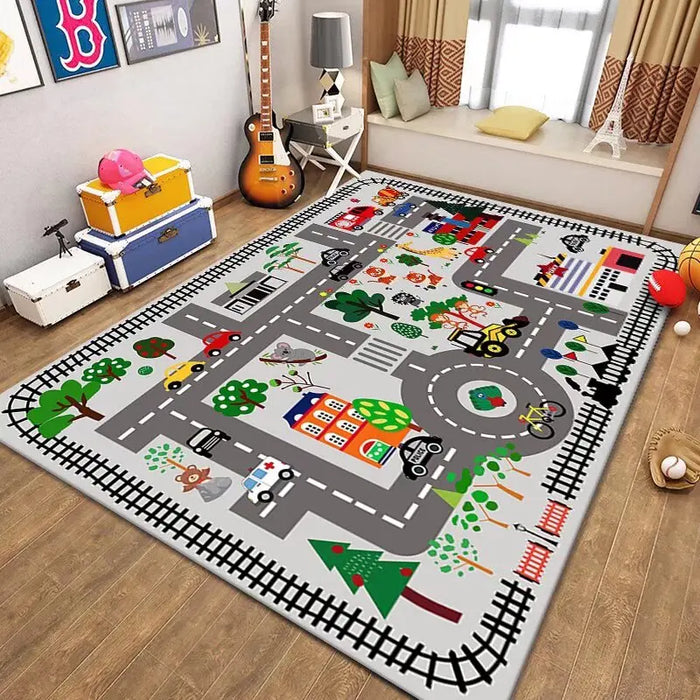 The VIKAMA Kids' Cartoon Traffic Play Mat by Lacatang Shop features vibrant colors depicting a lively town with roads, trees, and vehicles. Perfect for imaginative play, it sits beautifully on a wooden floor in a cozy room with a guitar, suitcase, and cushions near the window.