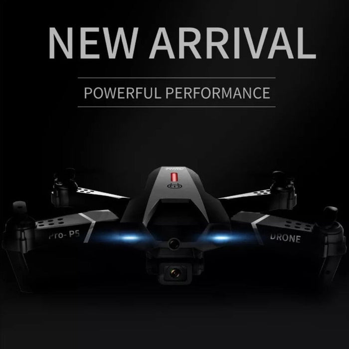 A Ninja Dragon Phantom X HD Dual Camera Smart Quadcopter Drone by Yellow Pandora is showcased against a dark background. White text at the top announces "NEW ARRIVAL," with "POWERFUL PERFORMANCE" directly below it. The sleek drone, equipped with foldable arms, LED lights, and dual cameras at the front, exemplifies a modern and sophisticated design.