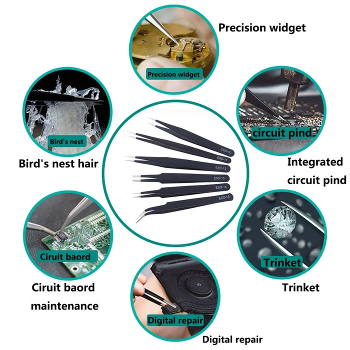 An image showcasing various repair applications of the high-quality 6Pcs Anti-static ESD Stainless Steel Tweezers Maintenance Tool by AliExpress. The central part features a set of black precision tweezers, surrounded by labeled use cases for the tweezers such as circuit boards, bird's nest hair, digital repair, trinkets, and precision widgets.