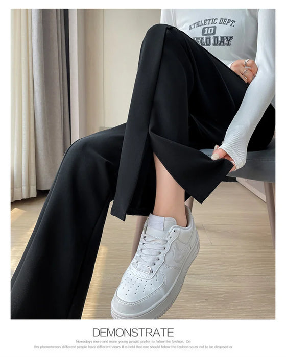 Jielur Coffee Skinny Basic Suit Women Wide Leg Pants Autumn Straight Casual Apricot Trousers Solid Color Split Office Lady Pants