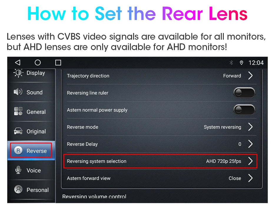 The Develuck HD 1080P Rear View Camera by Lacatang Shop features a monitor displaying settings like "Trajectory direction," "Reversing line power supply," and system selection. Instructions guide users on setting up the lens with rear lens compatibility, offering HD 1080P quality.