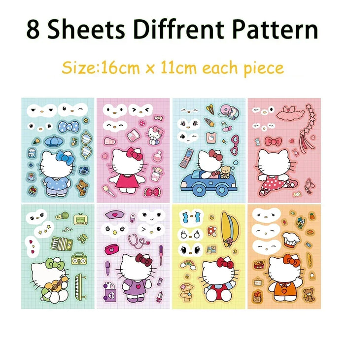 Kawaii Hello Kitty Assemble Jigsaw Puzzle Stickers - 8/16 Sheets Fun Make-a-Face Game for Kids