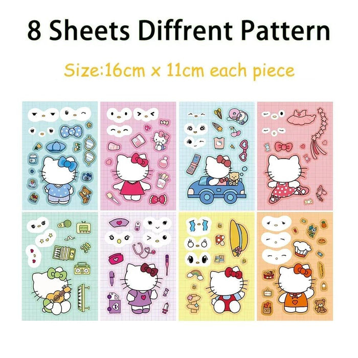 8/16 Sheets Sanrio Puzzle Stickers Cartoon Kawaii Hello Kitty Make-a-Face Assemble Cartoon Game Assemble Jigsaw Children Gift - Lacatang Shop