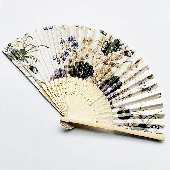 Exquisite Floral Print Bamboo Hand Fan - Foldable Cloth Accessory for Weddings, Parties, and Performances