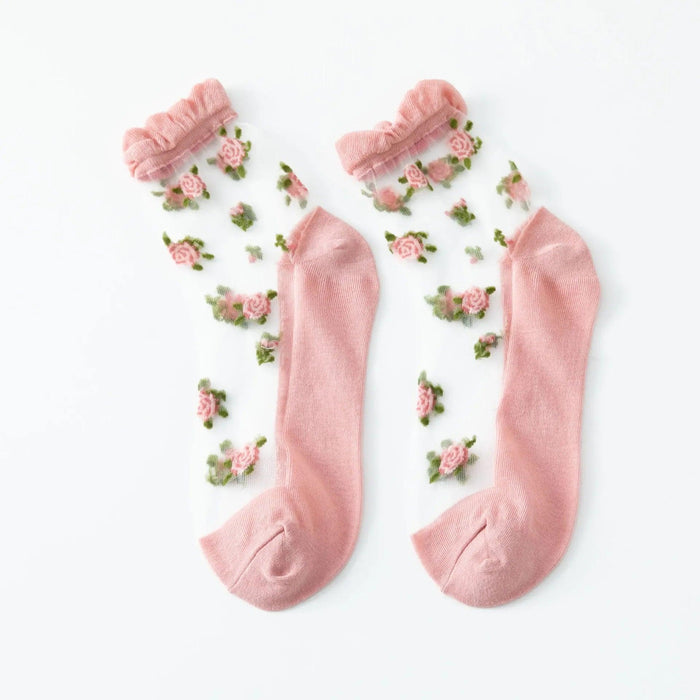 Summer Ultra-thin Transparent Lace Ruffle Socks Vintage Rose Flower Crystal Silk Socks Women Girls Kawaii Harajuku Crew Socks Summer Ultra-thin Transparent Lace Ruffle Socks Vintage Rose Flower   Lacatang Shop Lacatang Shop 