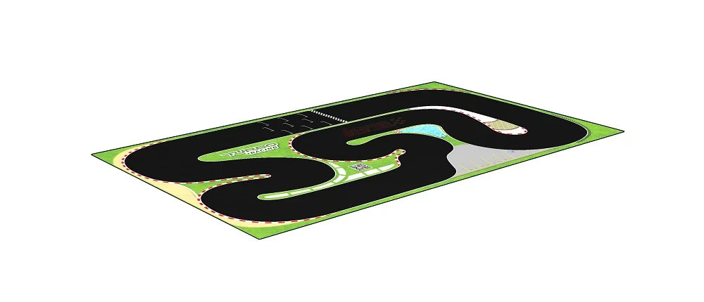 The Portable Turbo Racing Rubber Track Mat by Lacatang Shop, measuring 1600x900mm, features a winding black path on a green surface. Designed for 1:76 RC mini cars, it includes curves with checkered borders and grass-like surroundings with parking spaces for optimal racing fun.