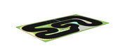 The Lacatang Shop Portable Turbo Racing mat (1.6x0.9m) features a black winding road, checkered edges, pond, parking spaces, and "TOMY" logo, making it a perfect rubber track accessory for mini RC cars (1/76, 1/64, 1/58) on a green mat for little racers on the go.