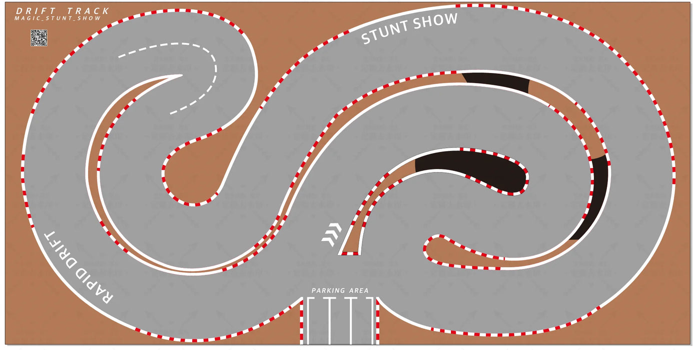 The 3.2m PVC Drift Track from Lacatang Shop, ideal for RC Mini Cars like Kyosho Mini-Z and WLtoys models, features a "Stunt Show" and "Rapid Drift" track with red and white barriers. It includes a foldable design and a marked parking area at the bottom.