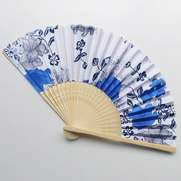 Elegant Floral Bamboo Bone Hand Fan - Foldable Cloth Accessory for Weddings, Parties, and Dance Performances