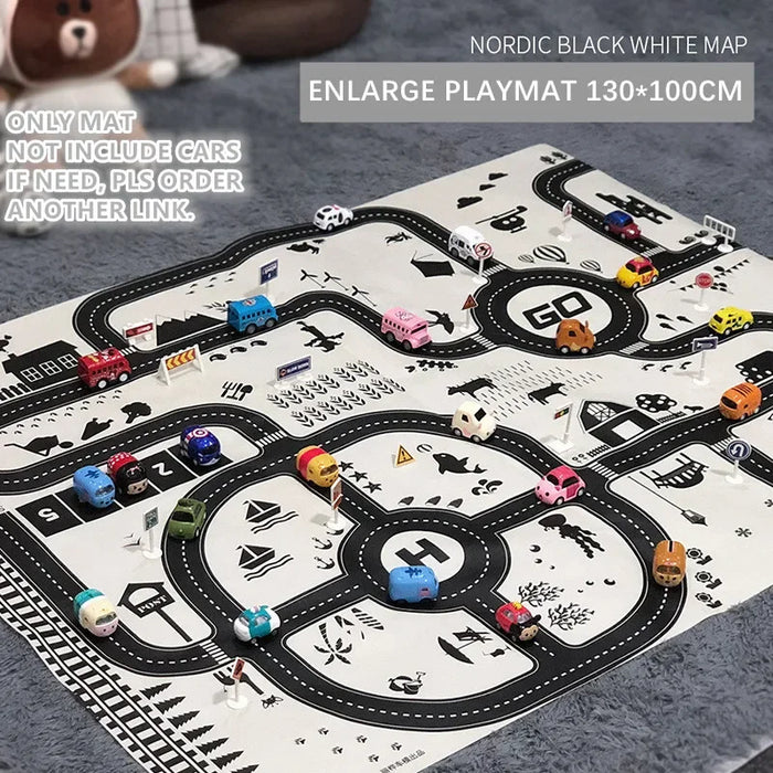 The Lacatang Shop's "Interactive City Traffic Play Mat for Kids" is a 130x100cm waterproof rug with a black and white road map. It features various symbols but does not include toy cars, perfect for imaginative play by boys and girls.