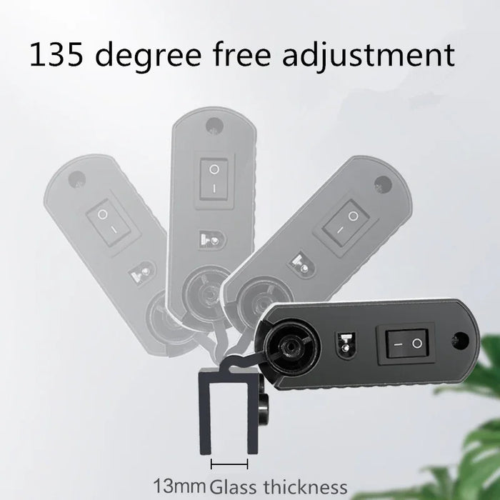 An illustration of the Lacatang Shop fish tank cooling fan system showcases a black swivel latch lock with a 135-degree rotation range, mounted on 13mm glass. The overlayed lock positions demonstrate adjustability, emphasizing versatility for challenging environments like mainland China.