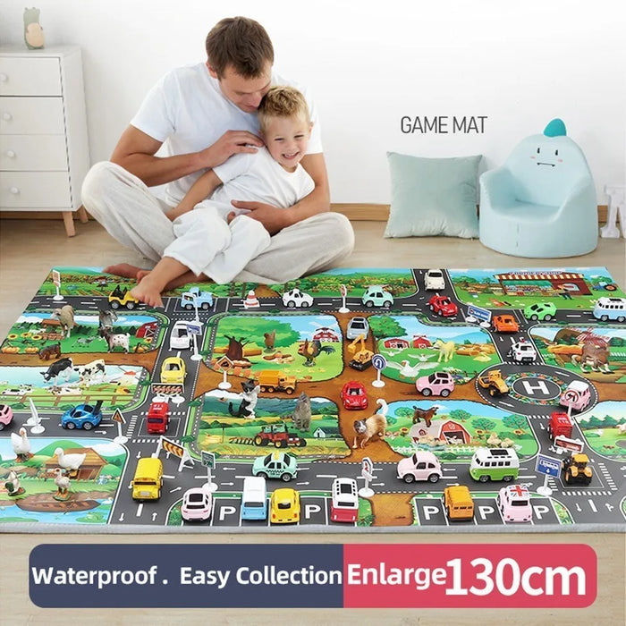 Kids Waterproof Playmat - Portable Dinosaur and Farm Road Activity Carpet for Toddlers, Non-Toxic Educational Crawling Mat