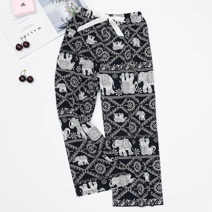 Women'S Elephant Print Wide Leg Ankle-Length Pants Spring And Summer Beach Drawstringloose Fit Females Trousers Indie Folk Pants