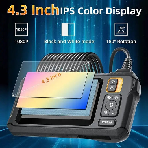 The image showcases the AliExpress Industrial Endoscope Camera, featuring a 4.3-inch IPS screen display and an 8mm HD1080P flexible inspection camera. The device offers impressive features such as 1080p HD resolution, black and white mode, and a 180° rotation capability. Additionally, it boasts a waterproof design, all set against a backdrop adorned with futuristic elements.