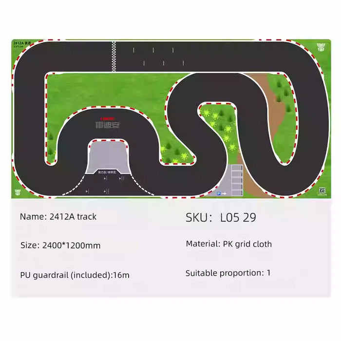 Illustration of the Turbo Mini Drift Scene Remote Control Car Track by Lacatang Shop on a green field featuring black asphalt and red/white borders, with a product label showing dimensions (2400x1200 mm), SKU (L05 29), material (PK grid cloth). Perfect for an exhilarating drifting experience!.