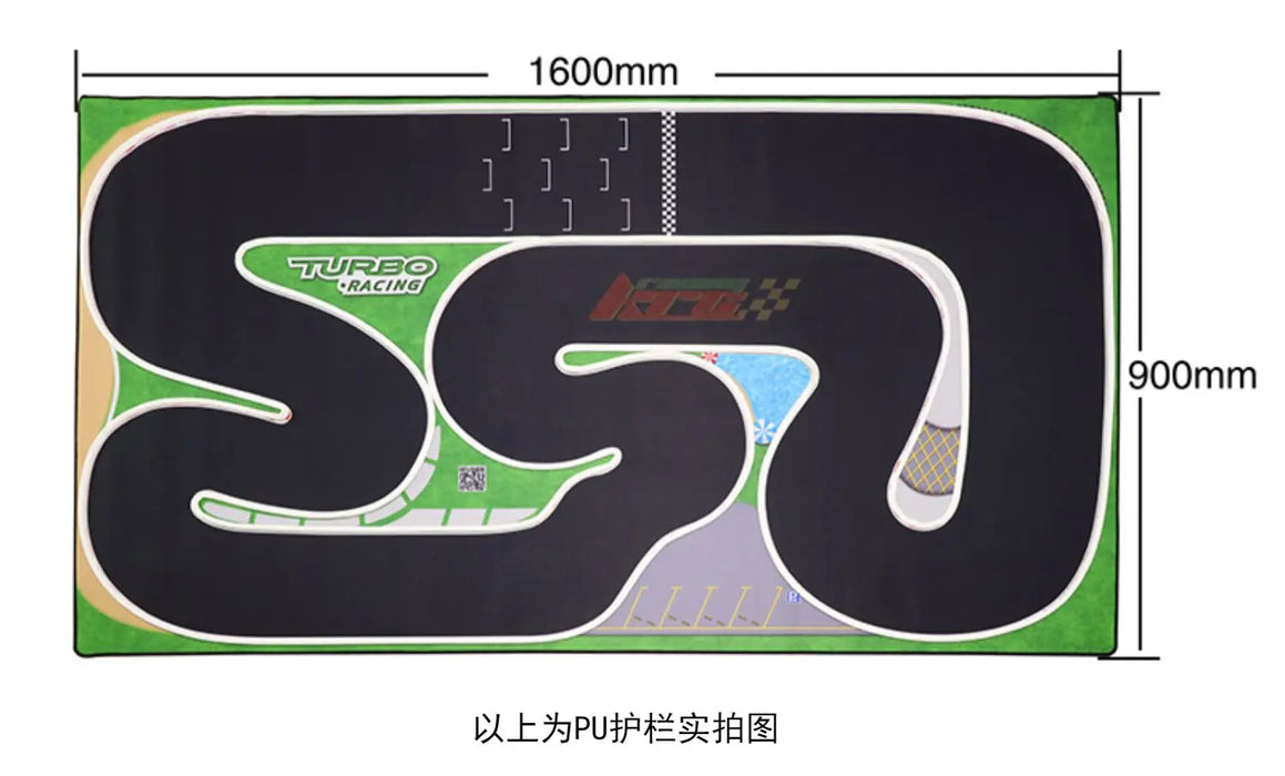 The Lacatang Shop's TURBO RACING 1:76 RC Car Race Track Set includes a 1600mm x 900mm mat with intricate winding roads, white borders, and a checkered finish line. It features lush green areas, precise markings, and the iconic "Turbo Racing" label in green—ideal for remote control car enthusiasts.