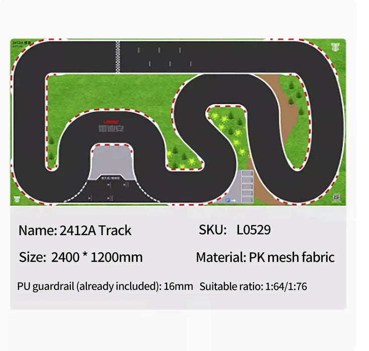 Illustration of a rectangular racetrack for RC car racing with a winding black road and green grass areas. Labeled features include "Name: LDARC Miniature RC Car Track," "Size: 2400 x 1200mm," and "Material: Durable PK mesh fabric." Includes PU guardrail details suitable for 1/64 scale vehicles.