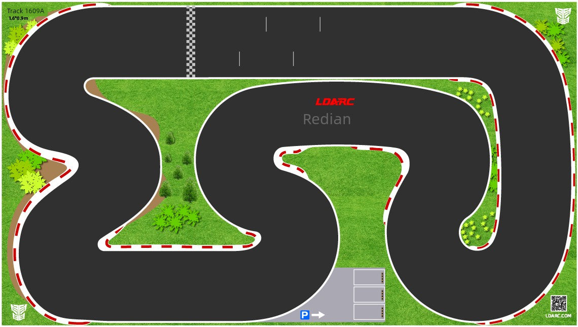 Lacatang Shop's Turbo Drift Remote Control Car Track for Big and Small Scenes offers an aerial view of a racing track with winding paths, bordered by grass and small plants. It includes curves, a starting grid at the top, and a parking area marked with "P" at the bottom.