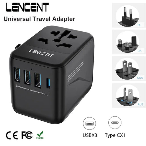 A black universal travel adapter from AliExpress under the product name "LENCENT Universal Travel Adapter with 3 USB Ports 1 Type-C PD Charging." The 8-in-1 international power adapter includes three USB ports and one Type-C port. It comes with four types of interchangeable plugs: EU, UK, USA, and AUS. Symbols for USBX3 and Type CX1 are indicated below the adapter.