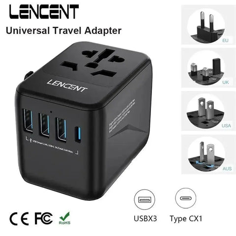 
  
	
    
	
    LENCENT Universal Travel Adapter with 3 USB Ports 1Type-C PD Charging