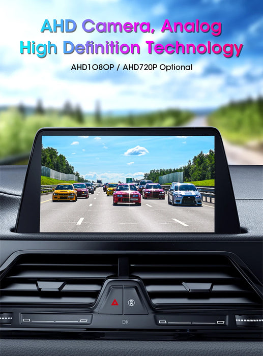 The Develuck HD 1080P Fisheye Night Vision Rear View Camera from Lacatang Shop offers AHD technology options like HD 1080P and AHD720P, providing a high-definition dashboard view of vehicles on a clear day, with green trees lining the road.