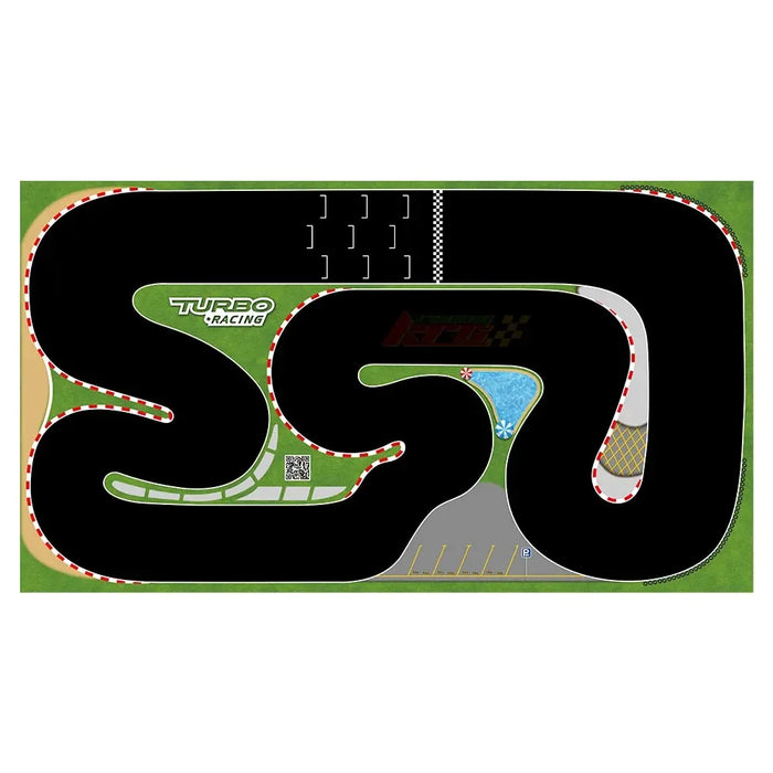 The 160x90cm Turbo Racing Rubber Track Mat by Lacatang Shop features a bird's-eye view race track with winding black lanes, red and white borders, and a checkered finish line. It's surrounded by illustrated grass, a small pond, and a parking area—ideal for 1:76 RC Mini Cars.