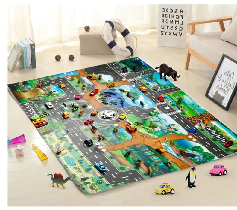 Kids Waterproof Playmat - Portable Dinosaur and Farm Road Activity Carpet for Toddlers, Non-Toxic Educational Crawling Mat