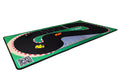 The TURBO RACING 1:76 Scale Remote Control Car Track Kit by Lacatang Shop includes a winding road mat with red and white borders, green parking lot, checkered finish line, and three cars in black, orange, and yellow for thrilling races.