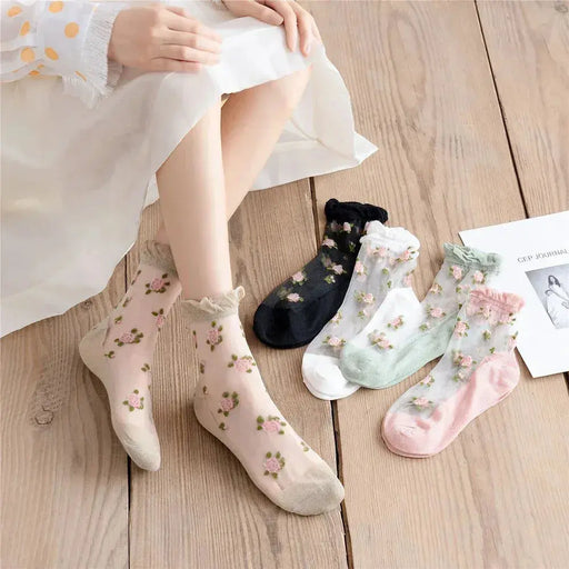 Delicate Vintage Floral Lace Ruffle Socks with Crystal Silk for Women and Girls – Kawaii Harajuku Style Crew Socks Delicate Vintage Floral Lace Ruffle Socks with Crystal Silk for Women   Lacatang Shop Lacatang Shop 