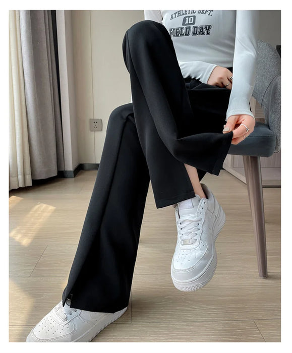 Jielur Coffee Skinny Basic Suit Women Wide Leg Pants Autumn Straight Casual Apricot Trousers Solid Color Split Office Lady Pants