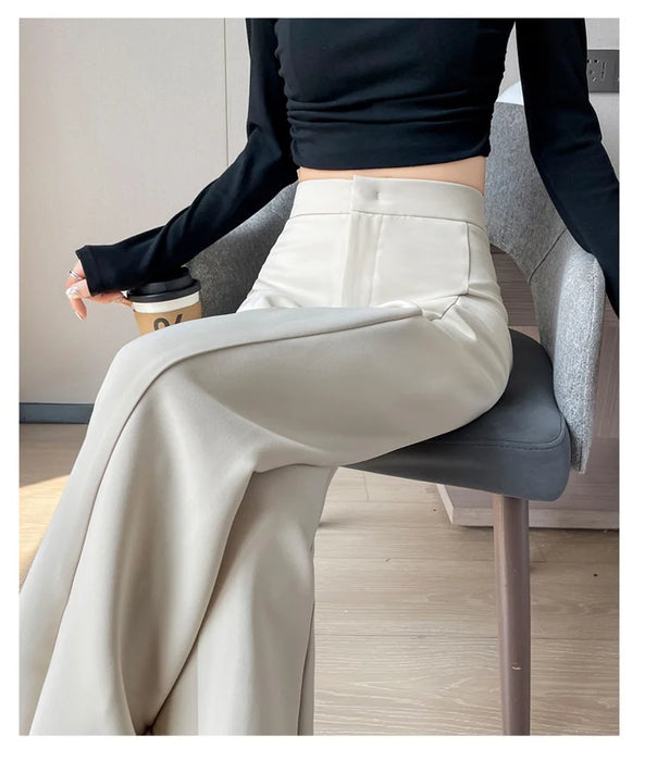 Jielur Coffee Skinny Basic Suit Women Wide Leg Pants Autumn Straight Casual Apricot Trousers Solid Color Split Office Lady Pants