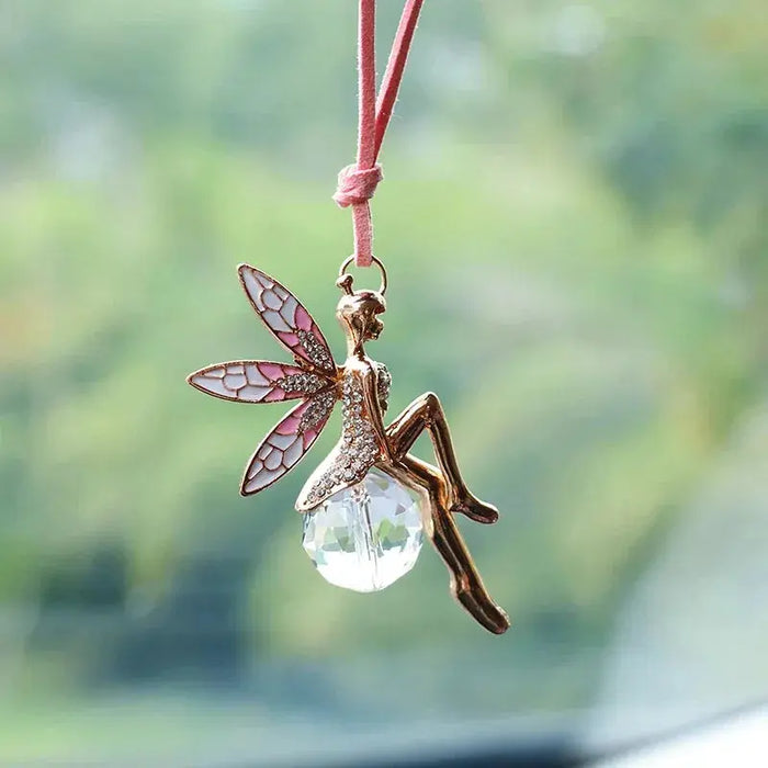 Fairy-Themed Pink Crystal Rearview Mirror Pendant for Car Interior Decoration Fairy-Themed Pink Crystal Rearview Mirror Pendant for Car Interior   Lacatang Shop Lacatang Shop 