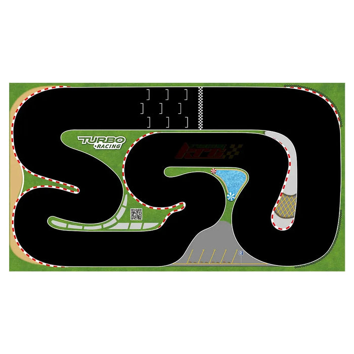 Experience thrilling races with the Lacatang Shop's Large 160x90cm Portable Turbo Racing Track Mat, featuring a winding black path, sharp curves, checkered start/finish lines, simulated grass/water areas, a parking lot, red/white curbs, and a high-grip surface for 1:76 RC mini cars.