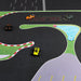 From a top-down view, Lacatang Shop's High-Speed Turbo Racing RC Car Track (1600*900mm) displays black, curvy roads and lush green areas with a water mimicry. Four 1/76 cars in yellow, orange, black, and green speed toward the checkered line on this C61-C75 Drift Racing track.